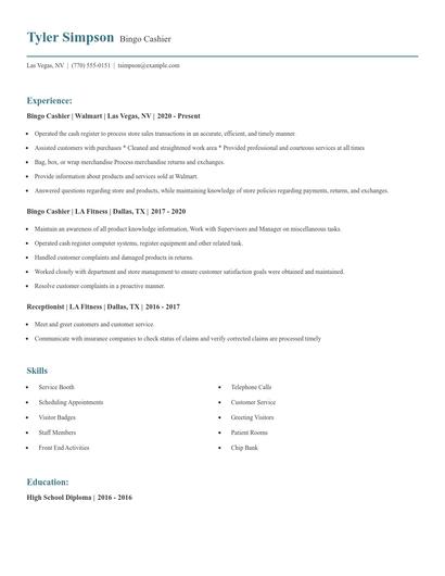 Bingo Cashier Resume