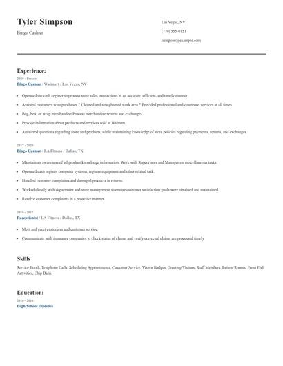 Bingo Cashier Resume
