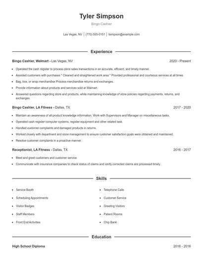 Bingo Cashier Resume