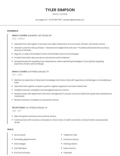 Bingo Cashier Resume