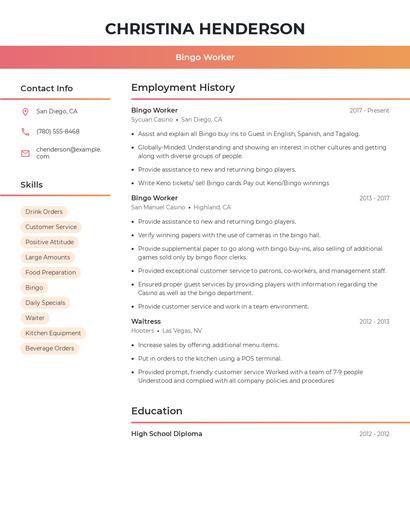 Bingo Worker Resume