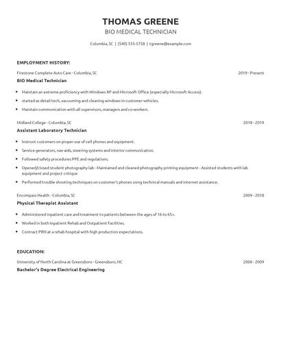 BIO Medical Technician Resume