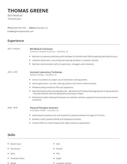 BIO Medical Technician Resume