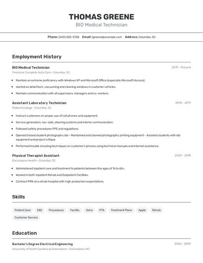 BIO Medical Technician Resume