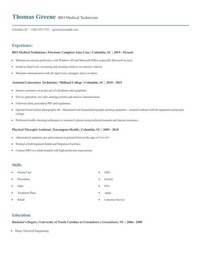 BIO Medical Technician Resume
