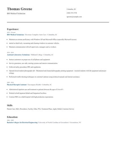 BIO Medical Technician Resume