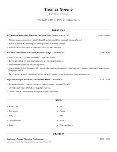 BIO Medical Technician Resume