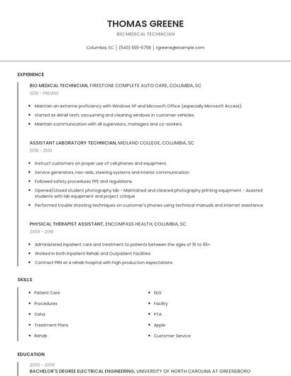 BIO Medical Technician Resume