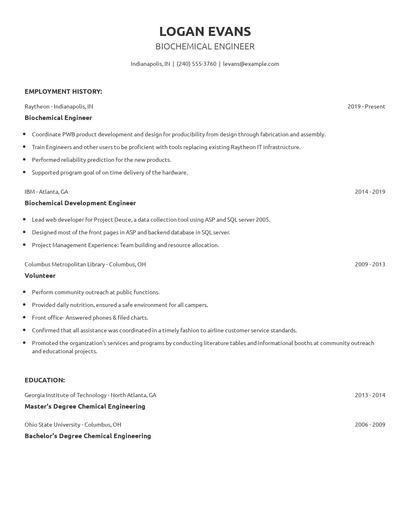 Biochemical Engineer Resume