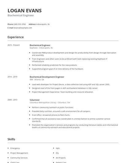 Biochemical Engineer Resume