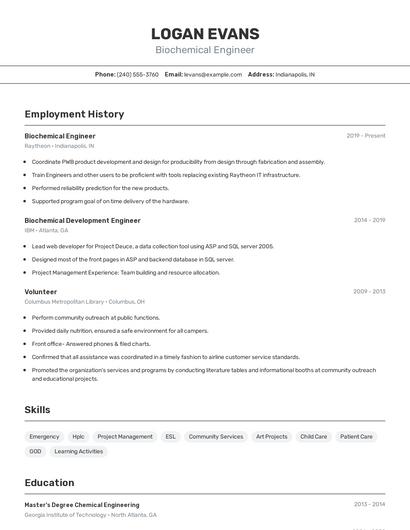 Biochemical Engineer Resume