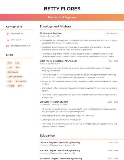 Biochemical Engineer Resume