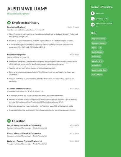Biochemical Engineer Resume