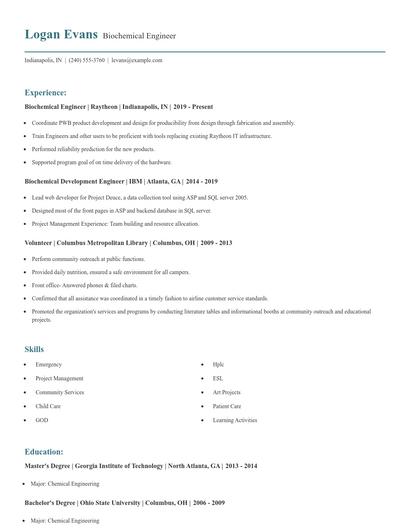Biochemical Engineer Resume