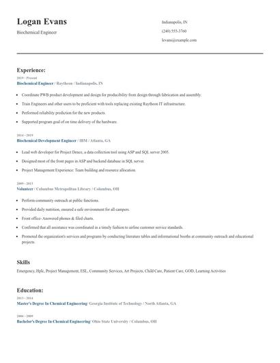 Biochemical Engineer Resume