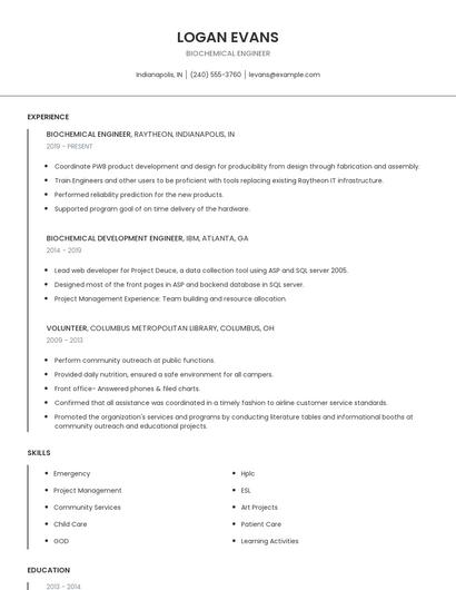 Biochemical Engineer Resume
