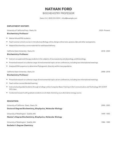 Biochemistry Professor Resume