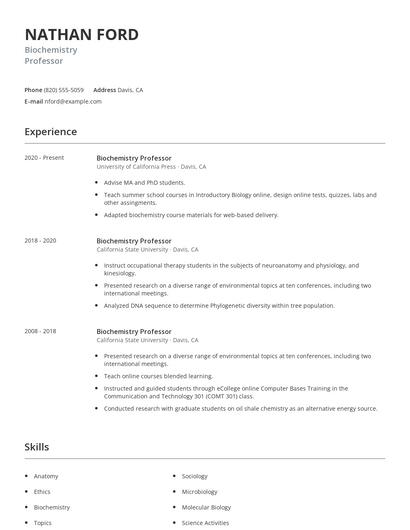 Biochemistry Professor Resume