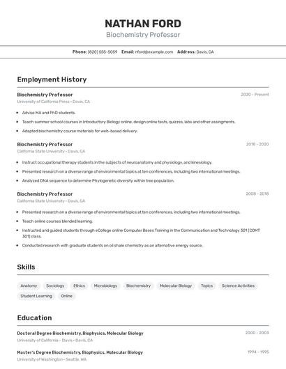 Biochemistry Professor Resume