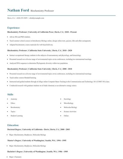 Biochemistry Professor Resume