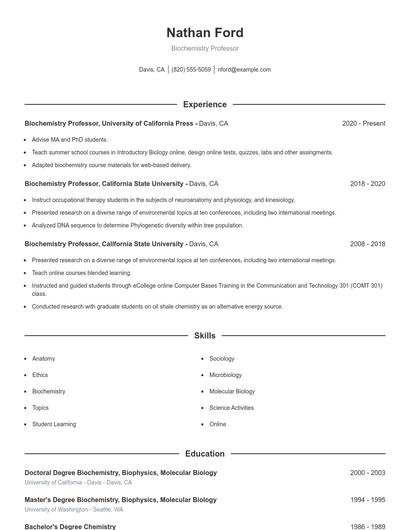 Biochemistry Professor Resume