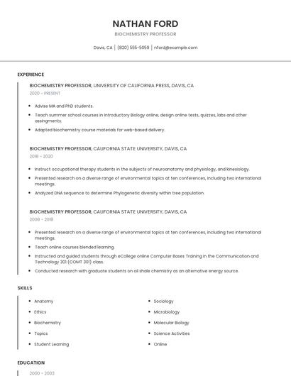 Biochemistry Professor Resume