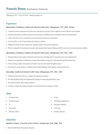Biochemistry Technician Resume
