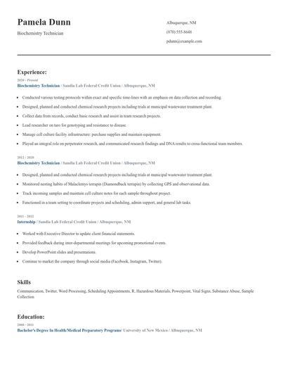 Biochemistry Technician Resume