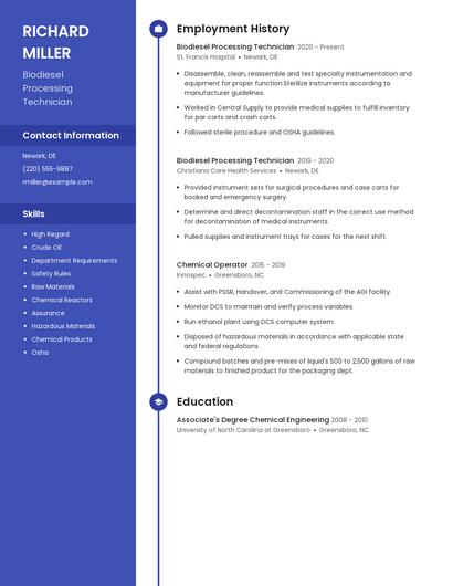 Biodiesel Processing Technician Resume