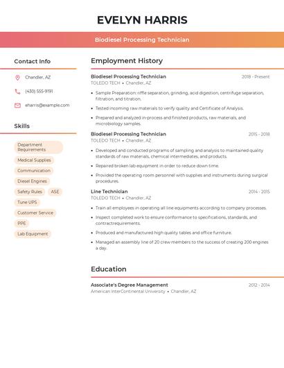 Biodiesel Processing Technician Resume