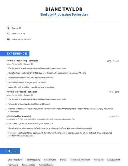 Biodiesel Processing Technician Resume