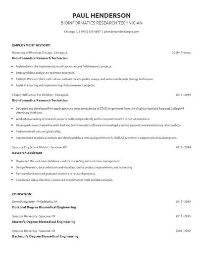 Bioinformatics Research Technician Resume