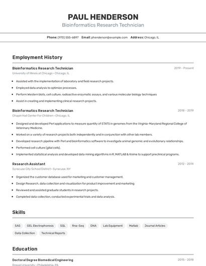 Bioinformatics Research Technician Resume