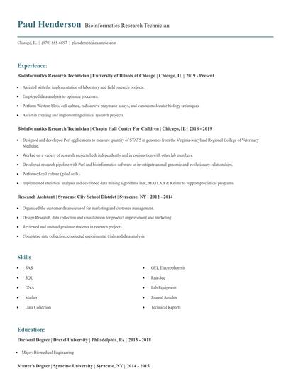 Bioinformatics Research Technician Resume