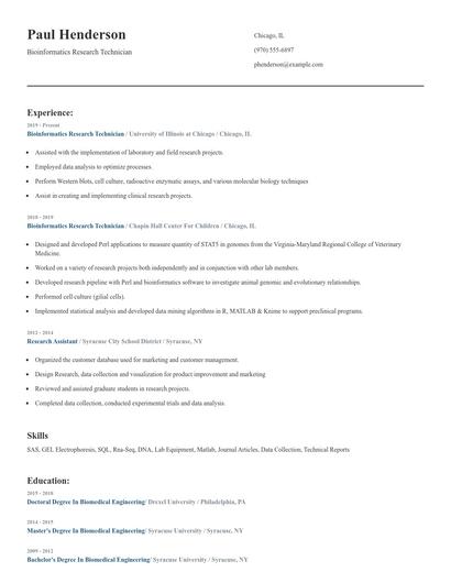 Bioinformatics Research Technician Resume