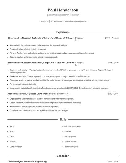 Bioinformatics Research Technician Resume