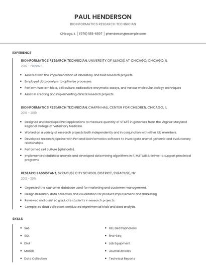 Bioinformatics Research Technician Resume
