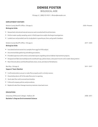 Biological Aide Resume