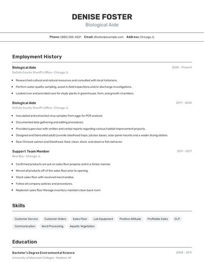 Biological Aide Resume
