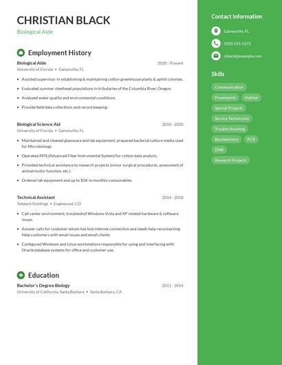 Biological Aide Resume