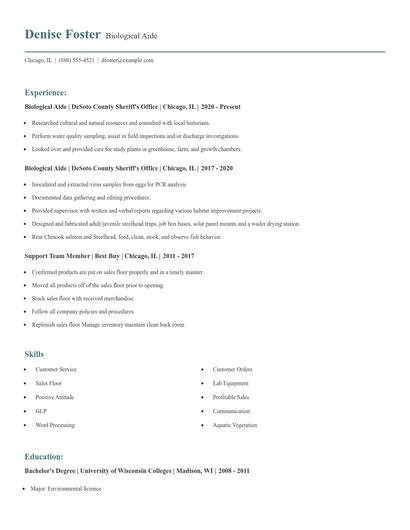 Biological Aide Resume