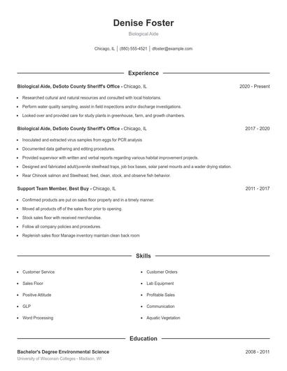 Biological Aide Resume