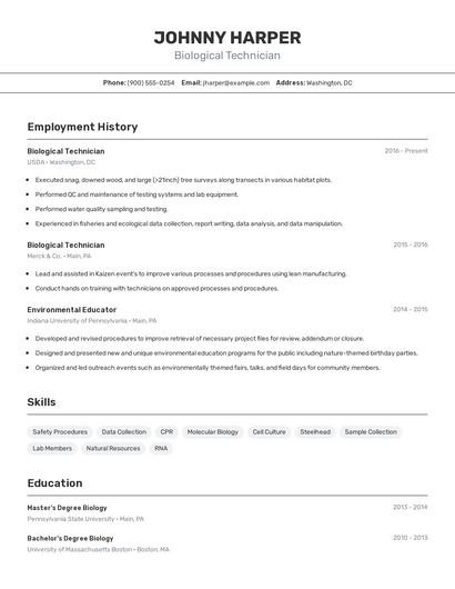 Biological Technician Resume