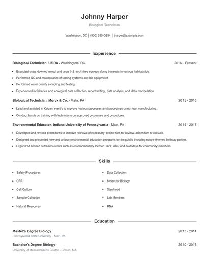 Biological Technician Resume