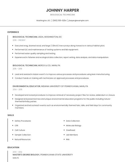 Biological Technician Resume