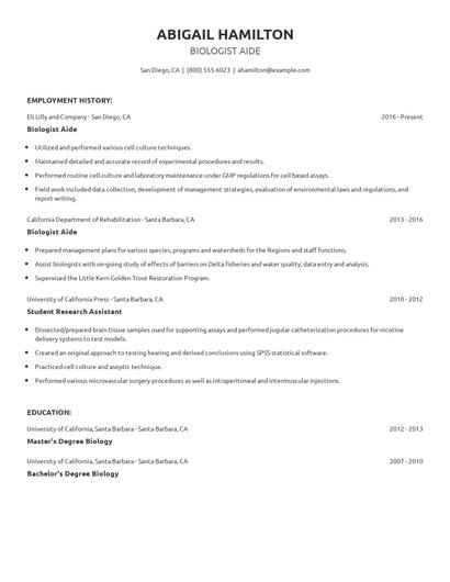 Biologist Aide Resume
