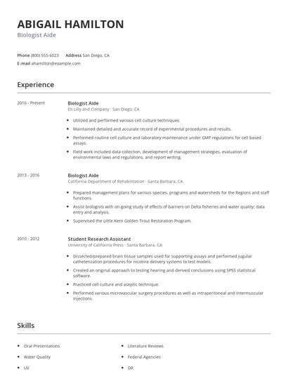 Biologist Aide Resume