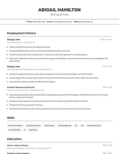 Biologist Aide Resume