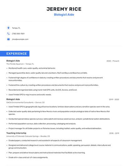 Biologist Aide Resume