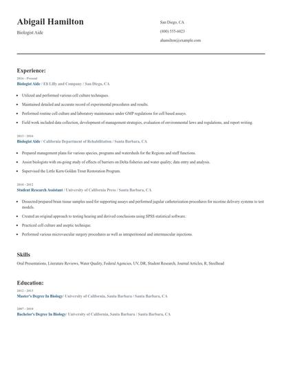 Biologist Aide Resume